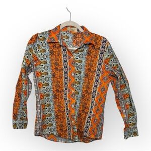 SSLR Orange Boho Patchwork Print Button Shirt Indie Folk Eclectic Small